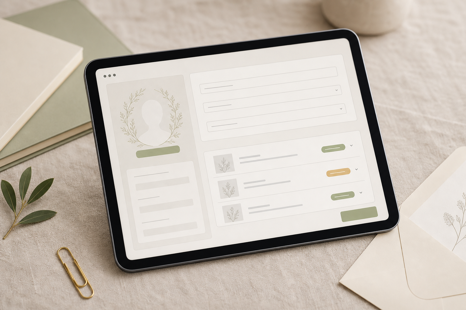 A tablet on linen showing an abstract memorial builder form interface.