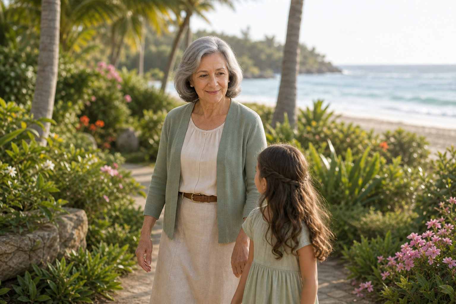 Elena walking by the beach with a child