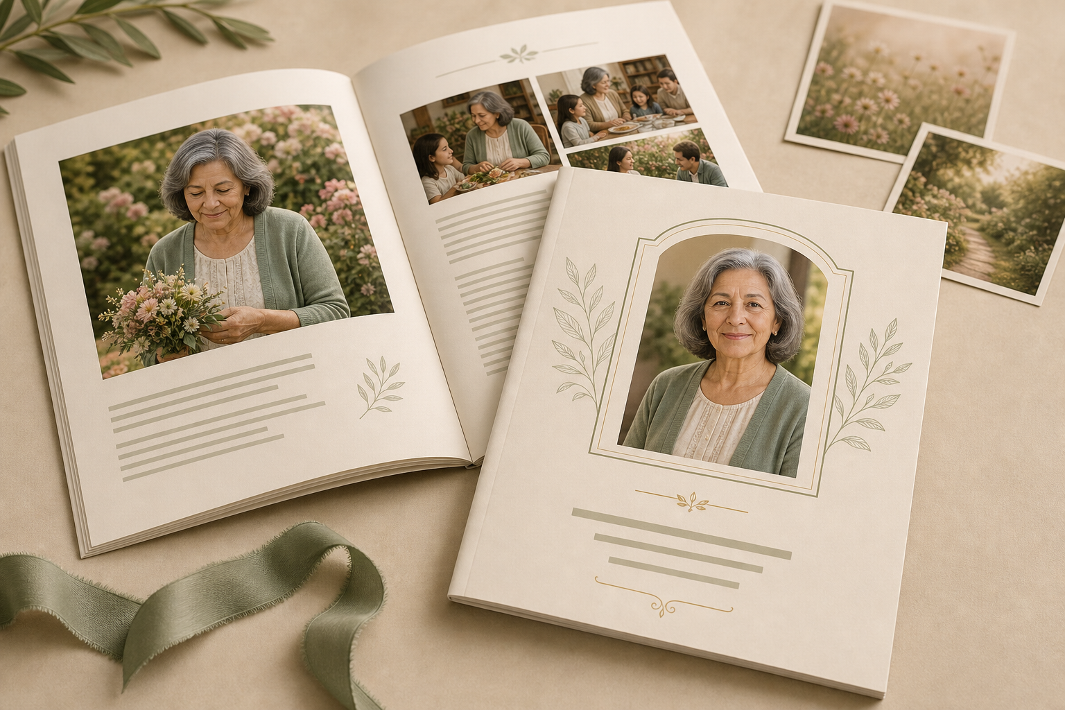 A printed keepsake booklet with family photos and memorial pages.