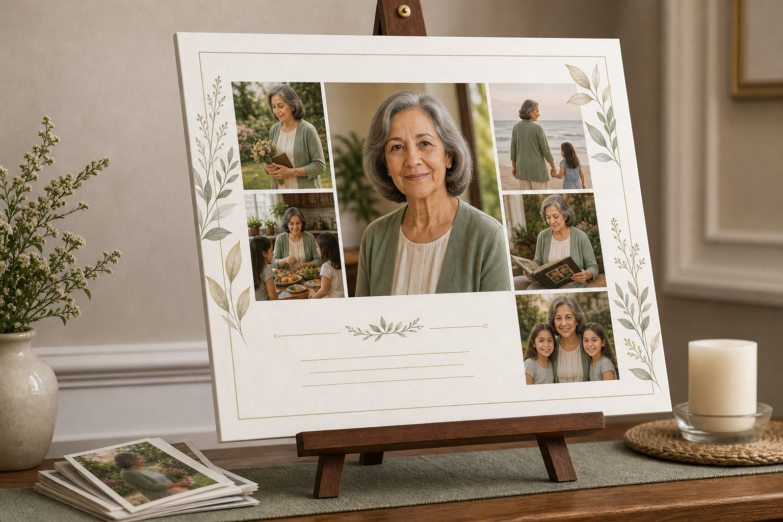 A mounted memorial photo collage board on an easel.