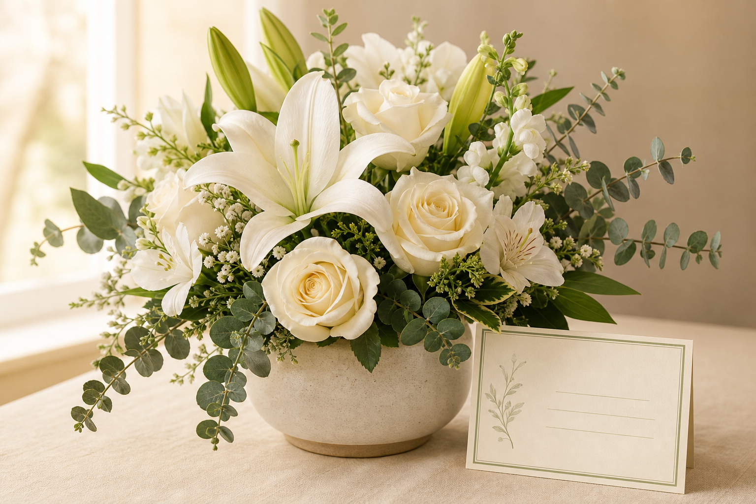 A warm white and sage memorial flower arrangement with a sympathy card.