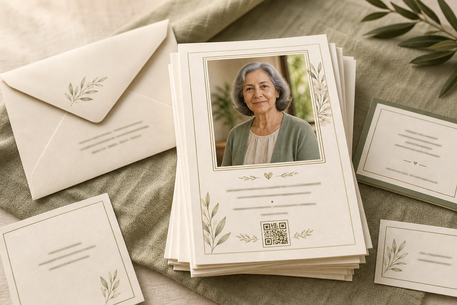 Printed memorial invitation cards with envelopes.