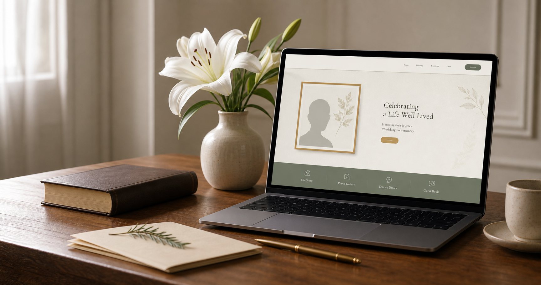A laptop on a warm desk showing an elegant abstract memorial website interface.