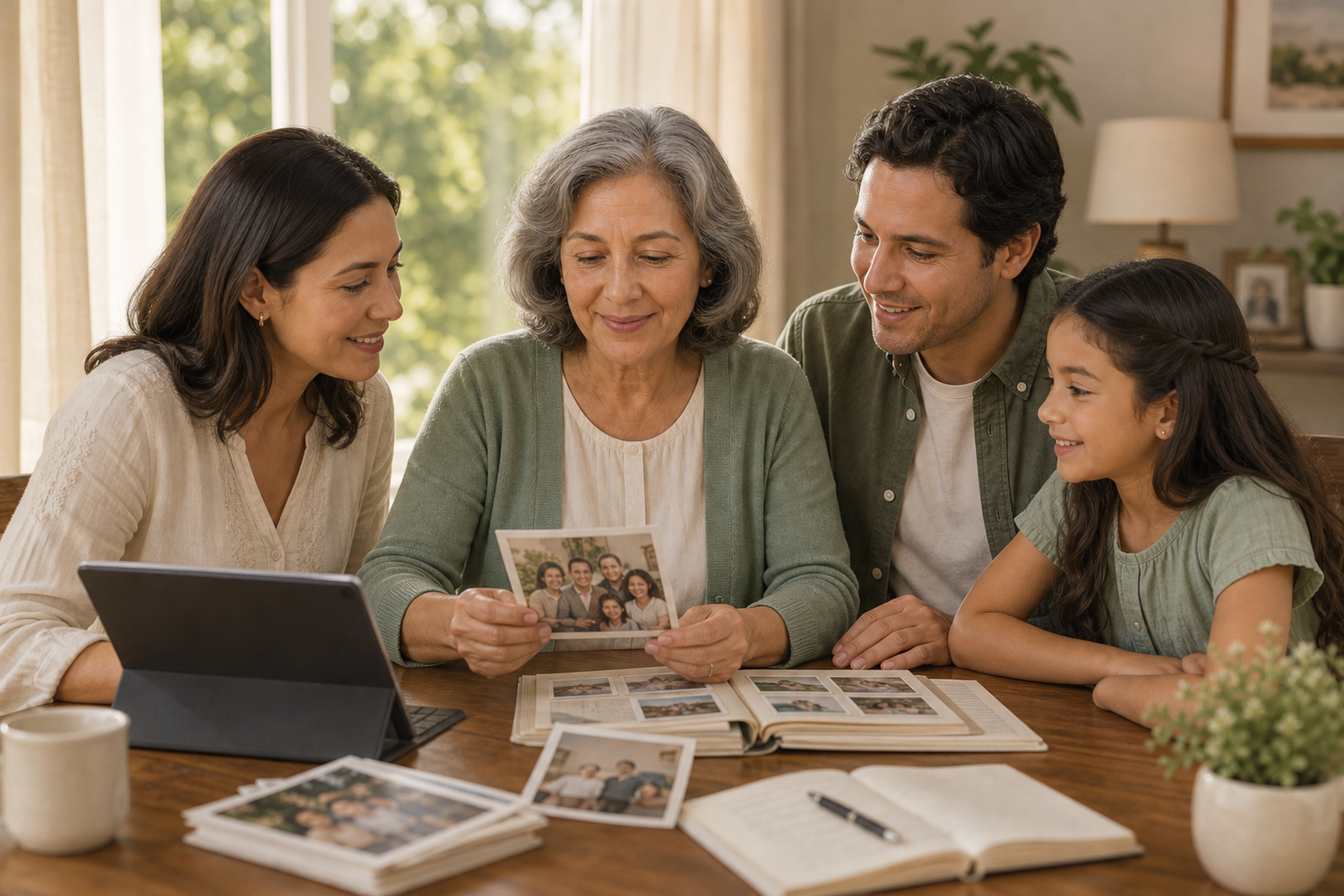 A family gathered together at the table, choosing photos and writing a memorial story side by side.