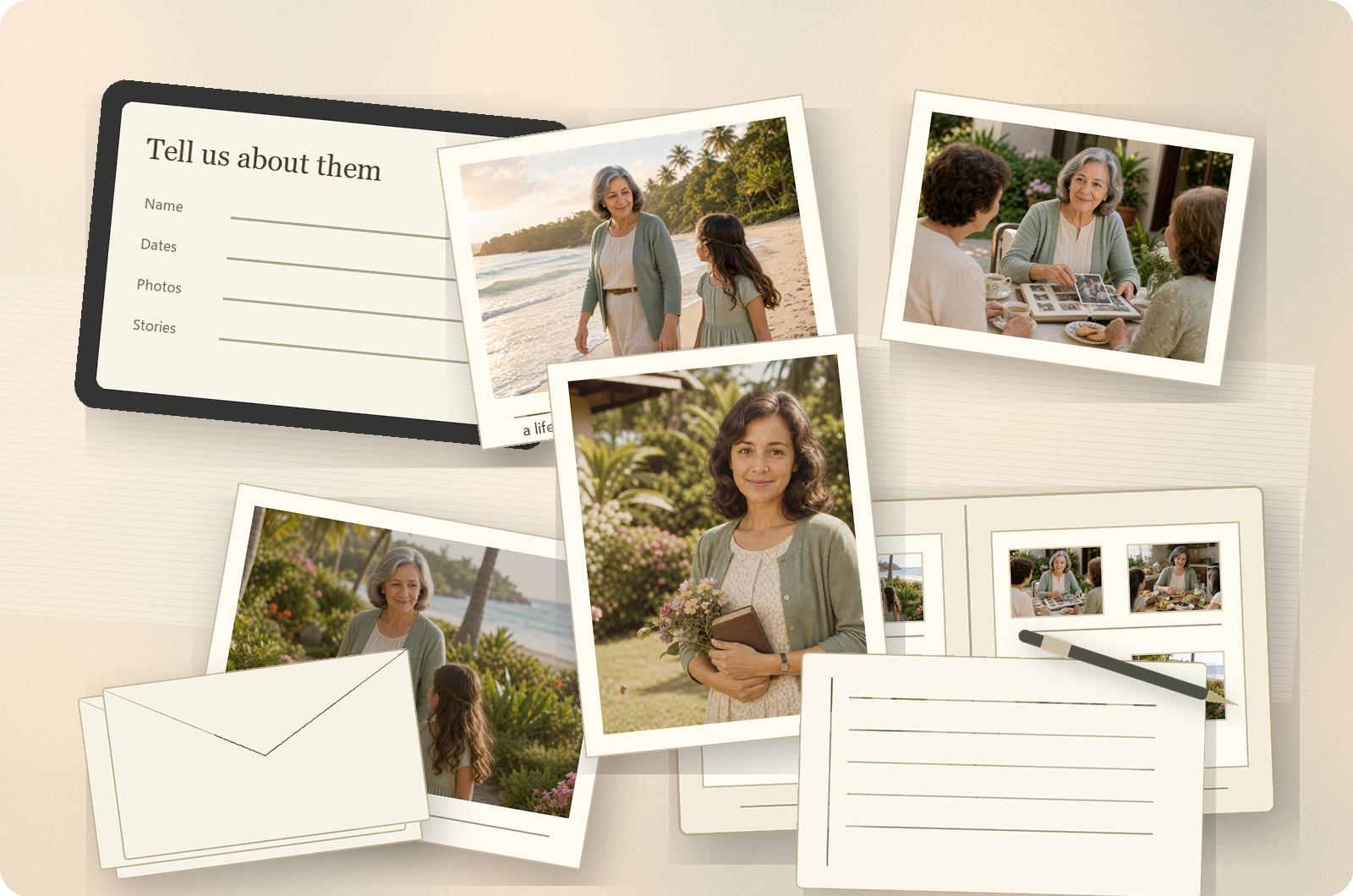 Printed photos, notes, envelopes, and a memorial intake form gathered on a table.